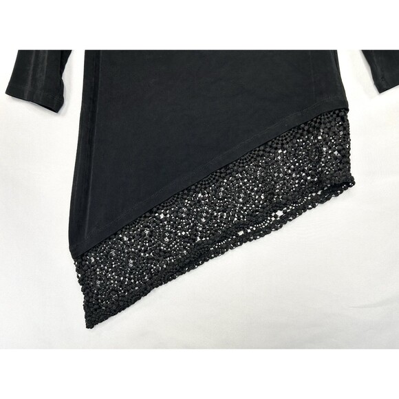 Chicos Travelers Black Lace Top Size 0 US Small Asymmetric Stretch 3/4 Sleeve - Picture 3 of 10